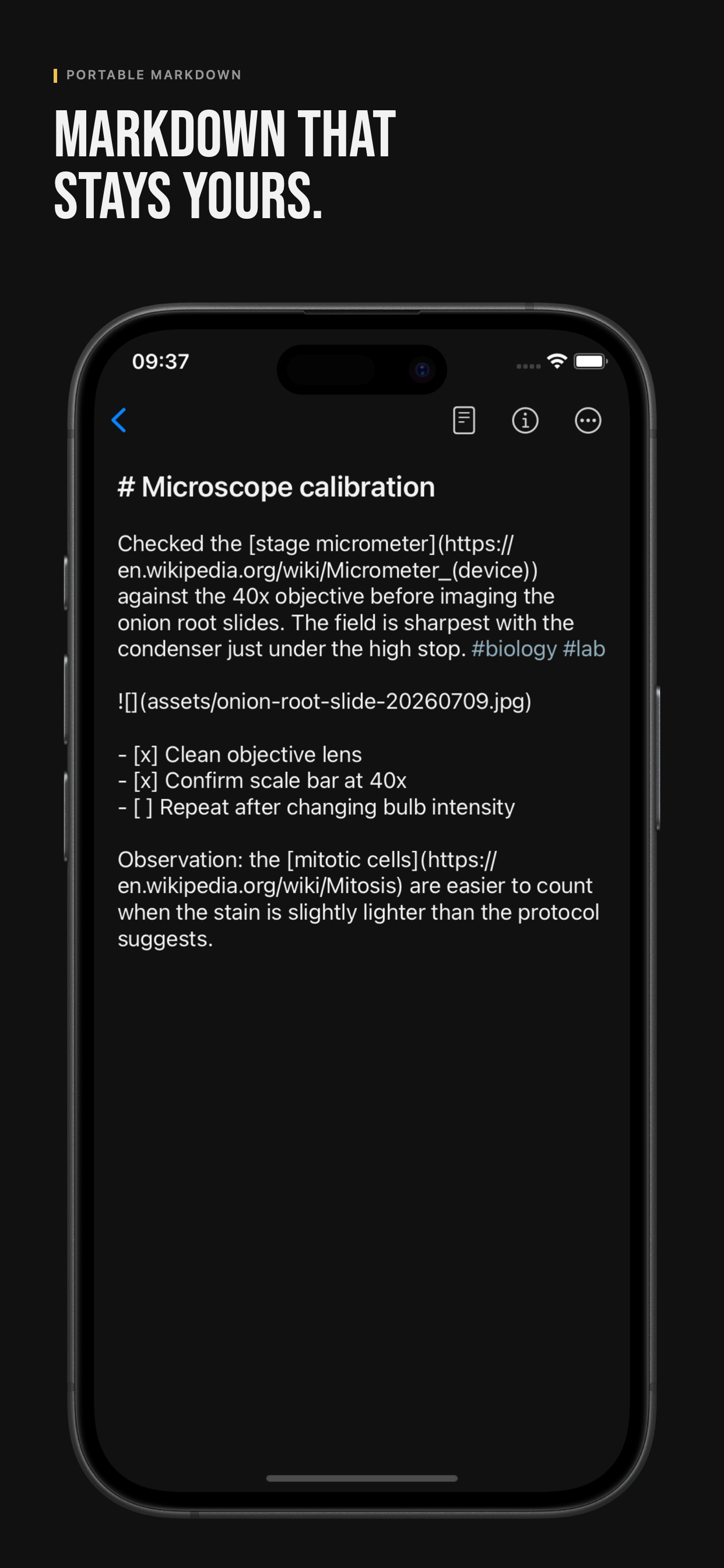 IOTHS raw Markdown editor on iPhone, showing portable Markdown source